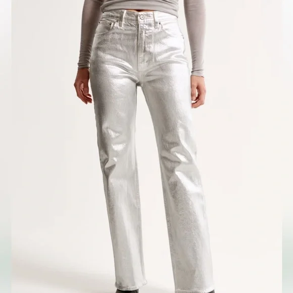 Abercrombie 90s Straight Ultra High Rise Silver Pants - Picture 1 of 7